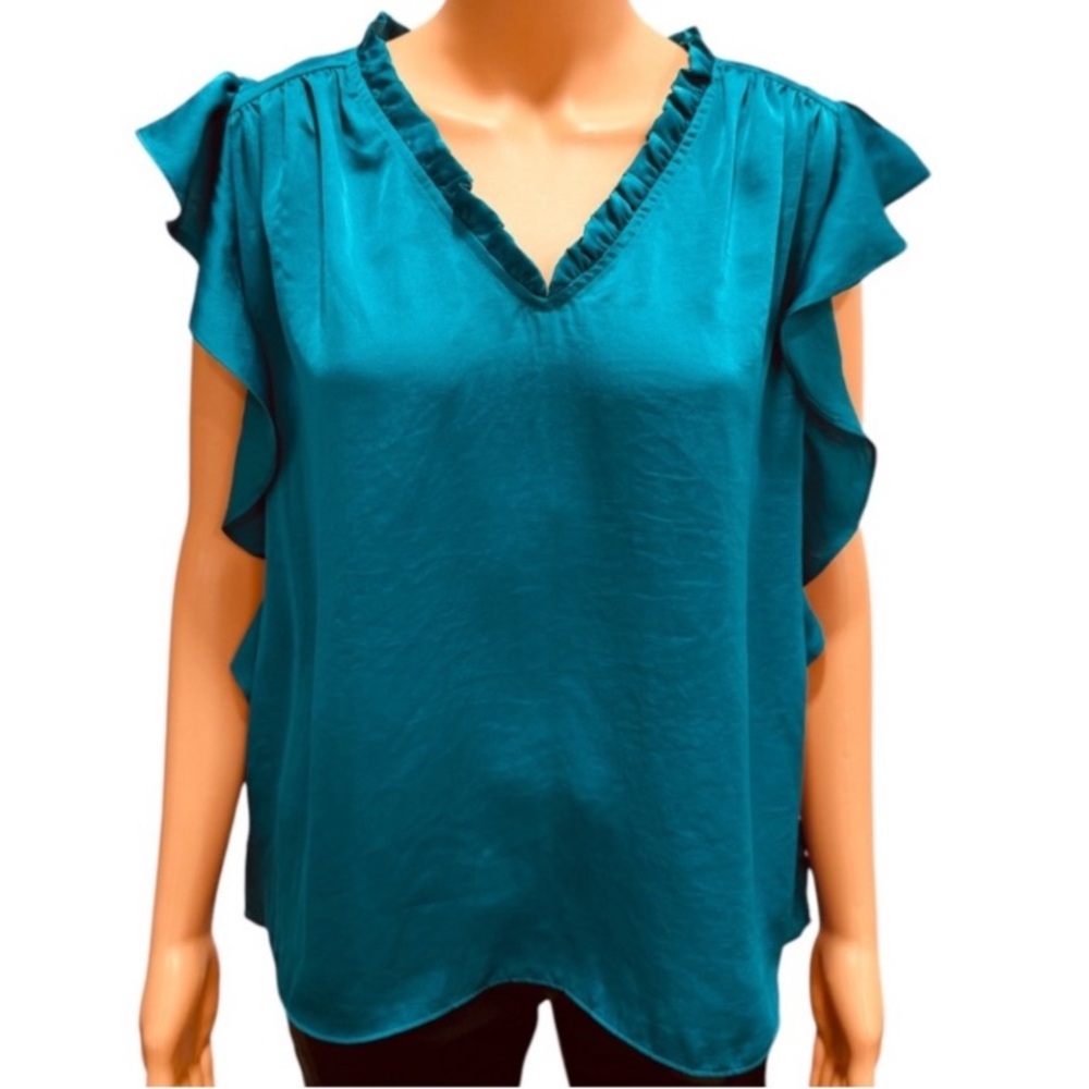 PHILOSOPHY Ruffle Sleeve Vibrant Blue Satin Effect Blouse NWT XS